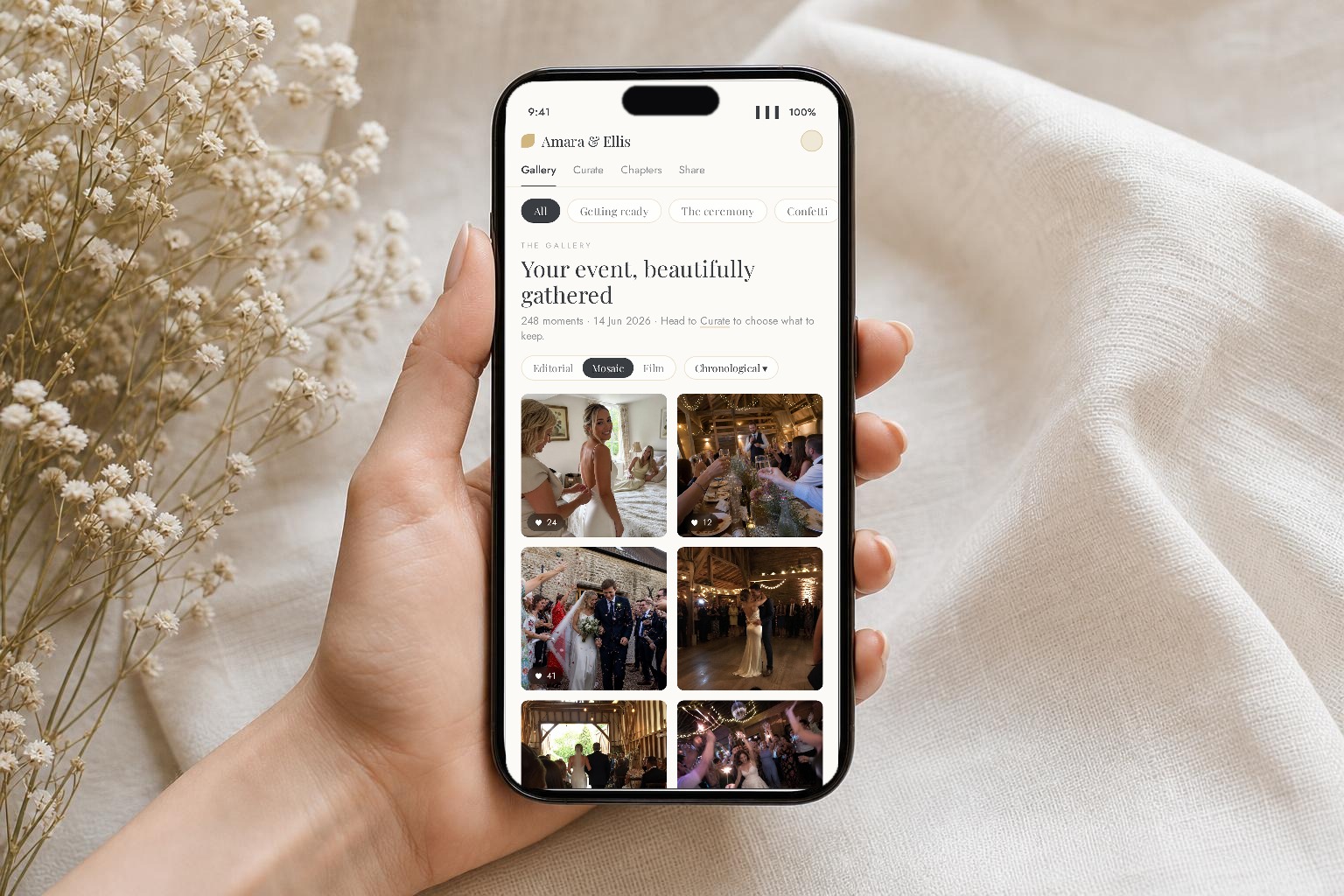 The wedding gallery on a phone, organised into chapters for each part of the day