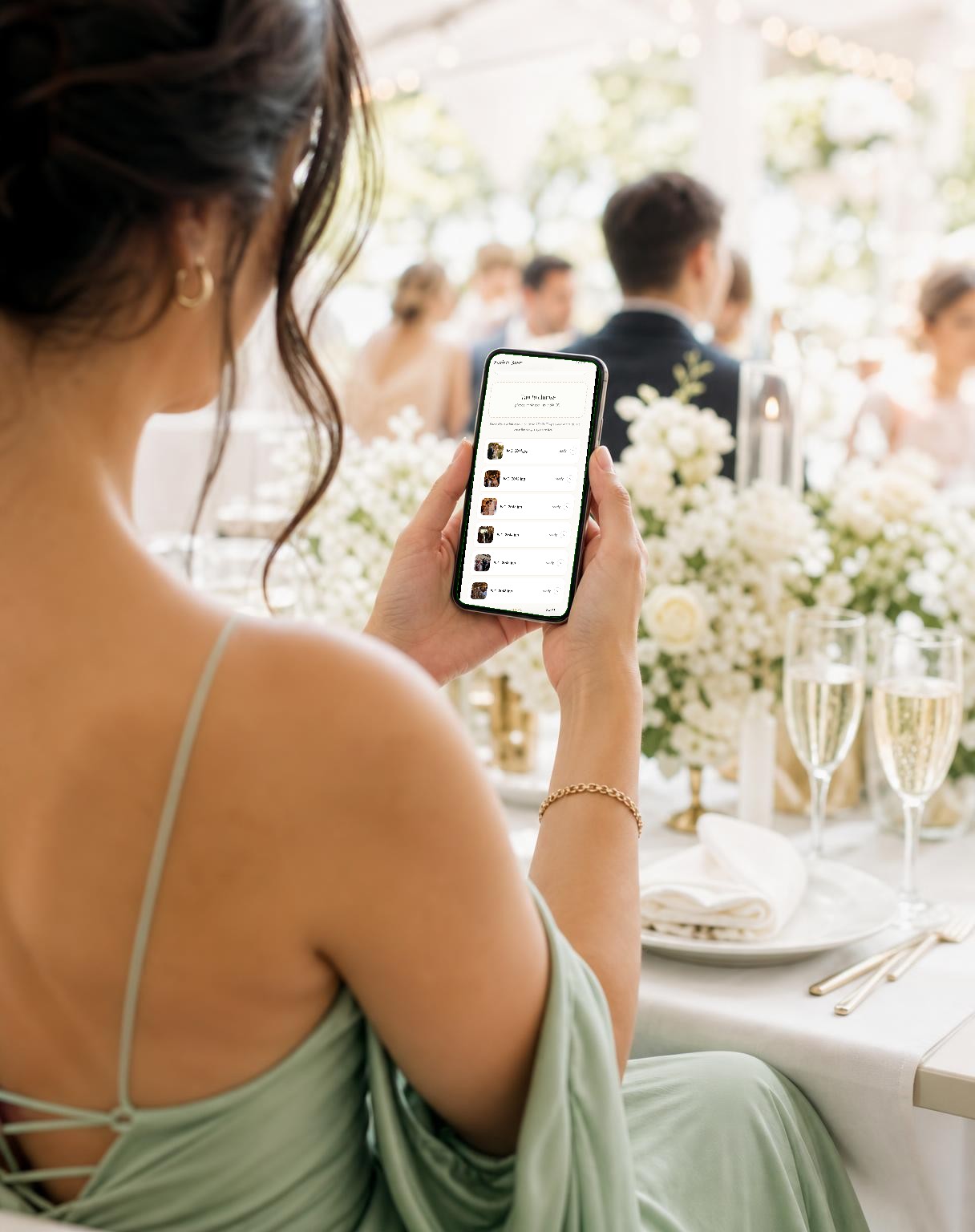 A wedding guest holding a phone showing the Confetti Frame upload queue with photographs sharing in progress