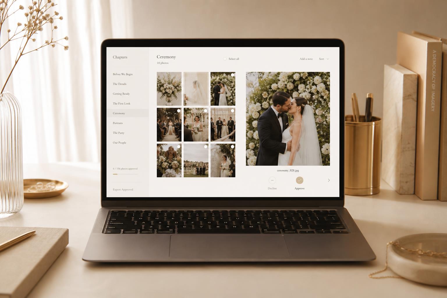 The curation view on a laptop showing chapters and an approval pane