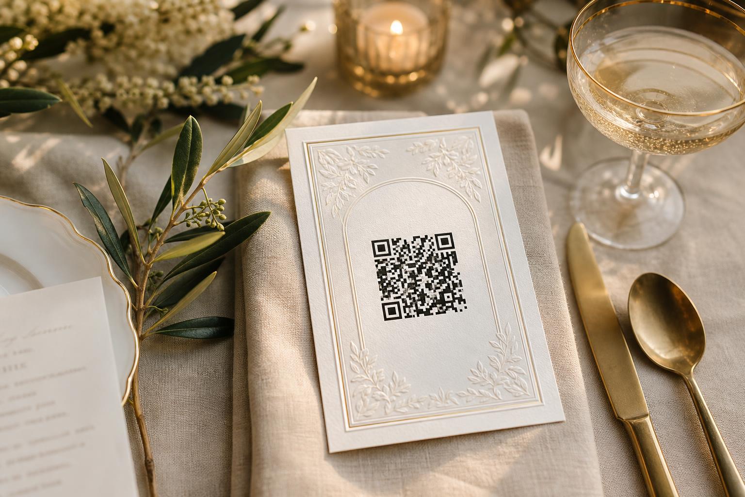 An ivory and gold letterpress QR card on a candlelit reception table