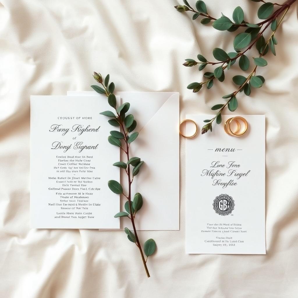 Elegant wedding stationery flat lay including a QR code card, menu and gold rings
