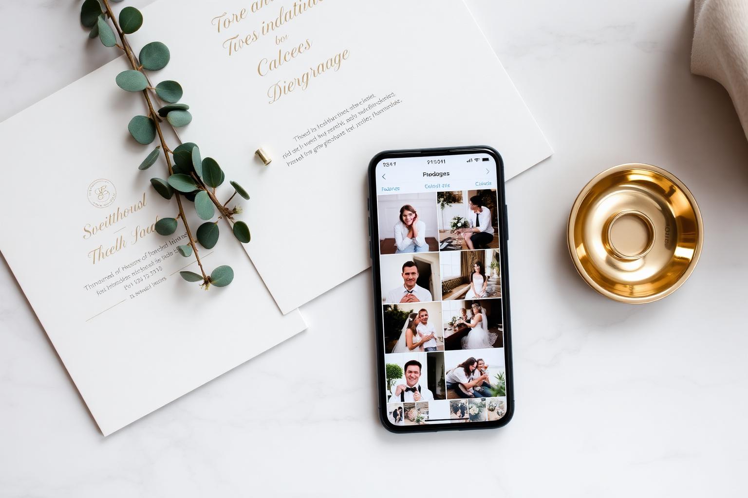 A smartphone displaying a beautifully curated wedding photo grid, beside ivory stationery and a polished gold ring dish on marble