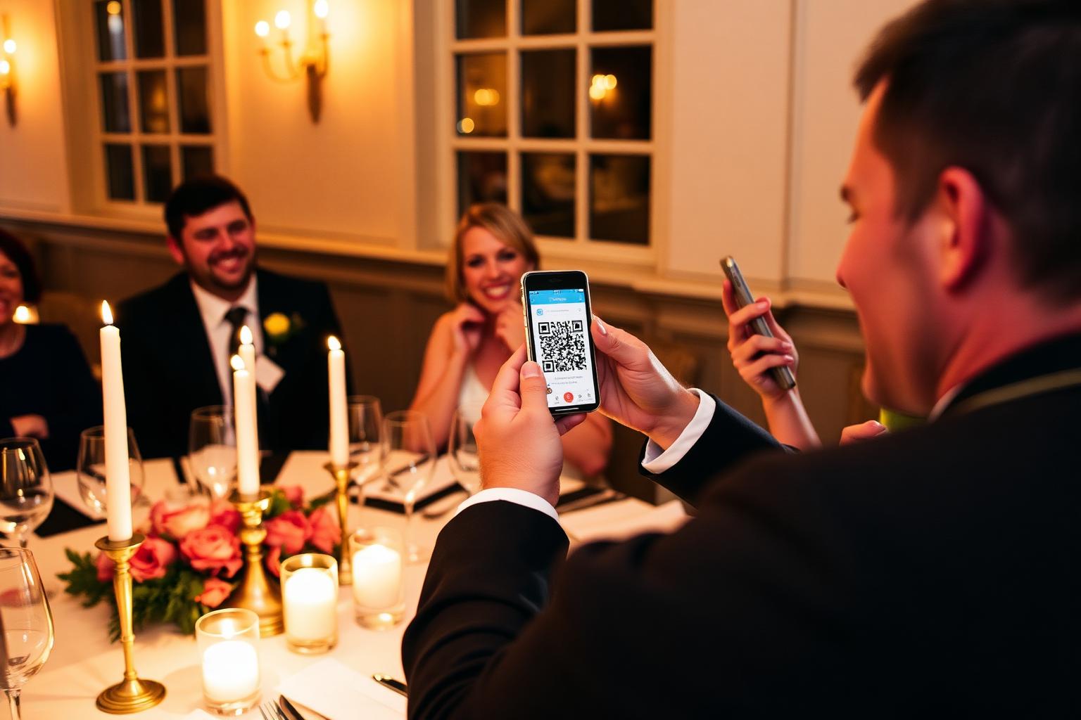 Wedding guests scanning a QR card at a candlelit reception table to upload their photos