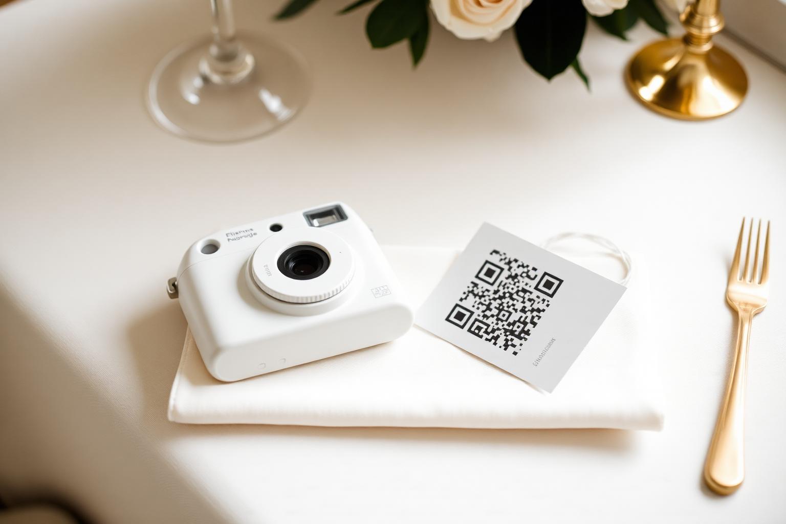 A white disposable-style camera and a printed QR card resting on an ivory linen napkin at a wedding place setting