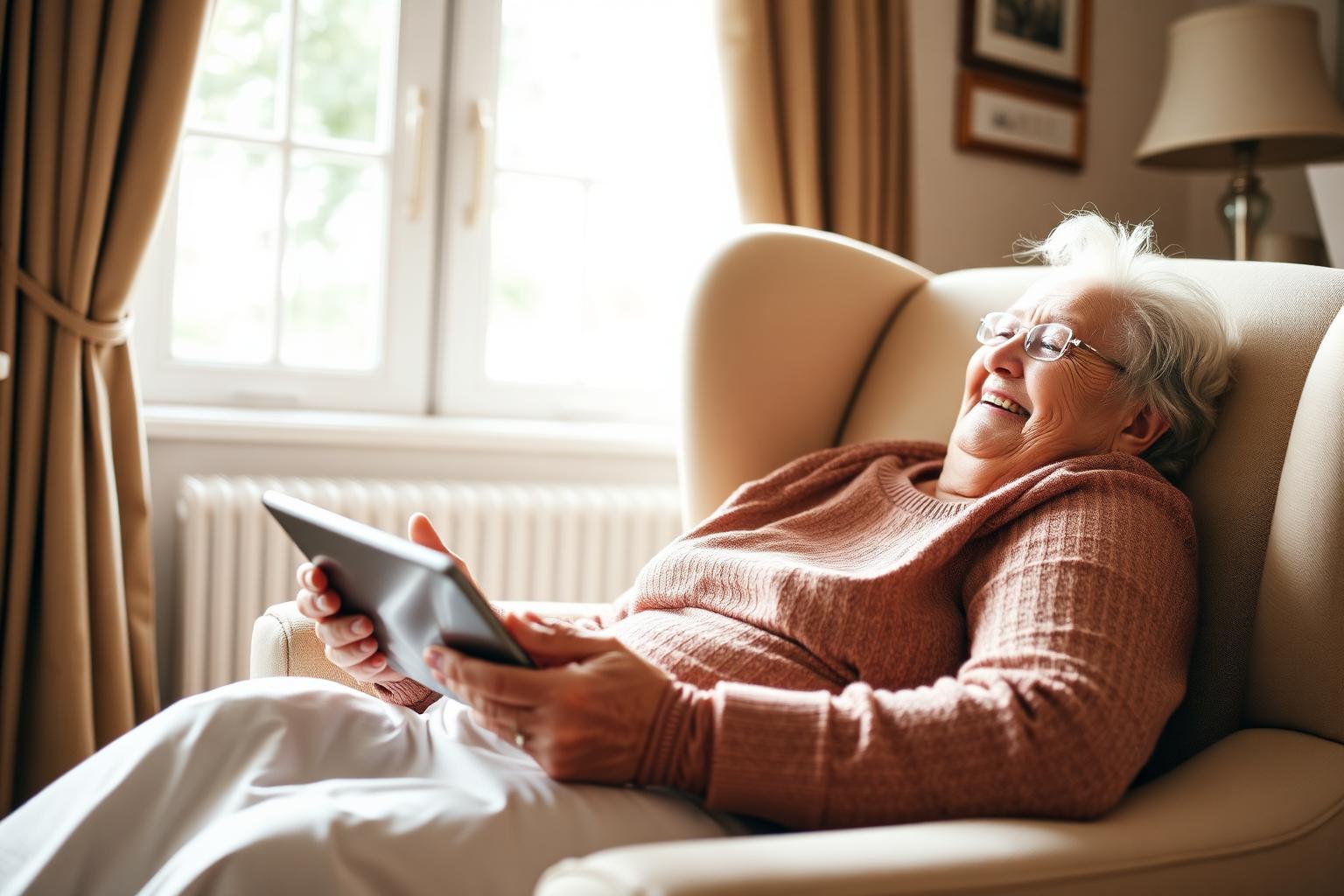A grandmother smiling while watching wedding photos on a tablet at home