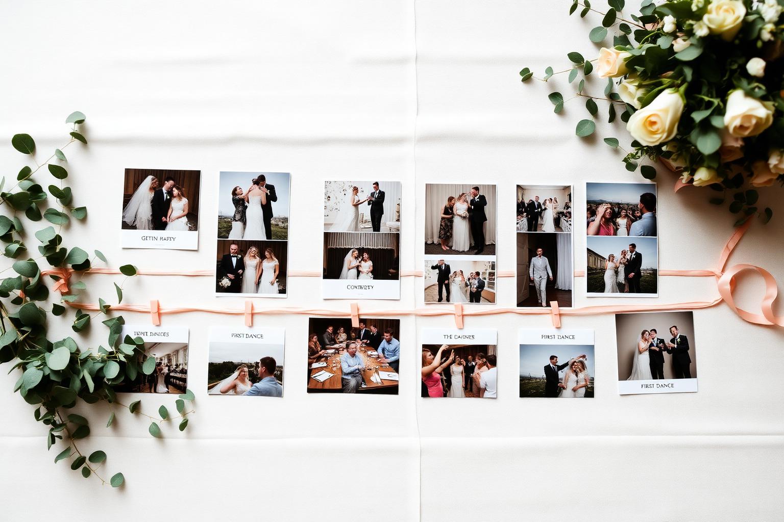 A flat-lay of wedding photos arranged in chronological chapters across an ivory linen table