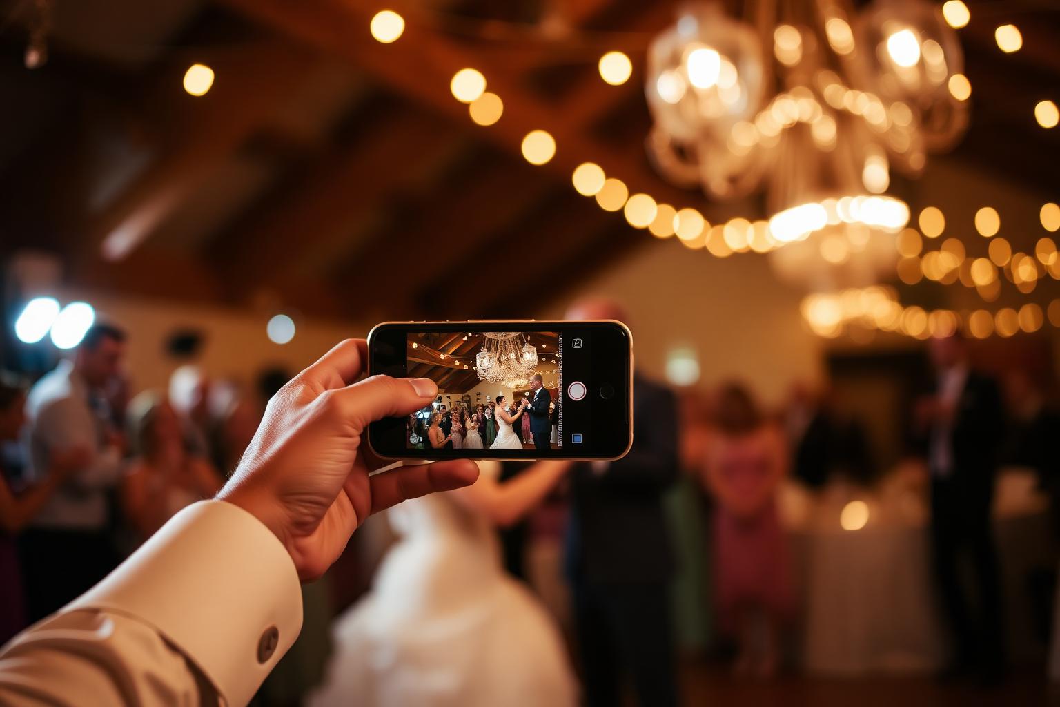 A guest's point-of-view smartphone footage of the first dance under warm string lights