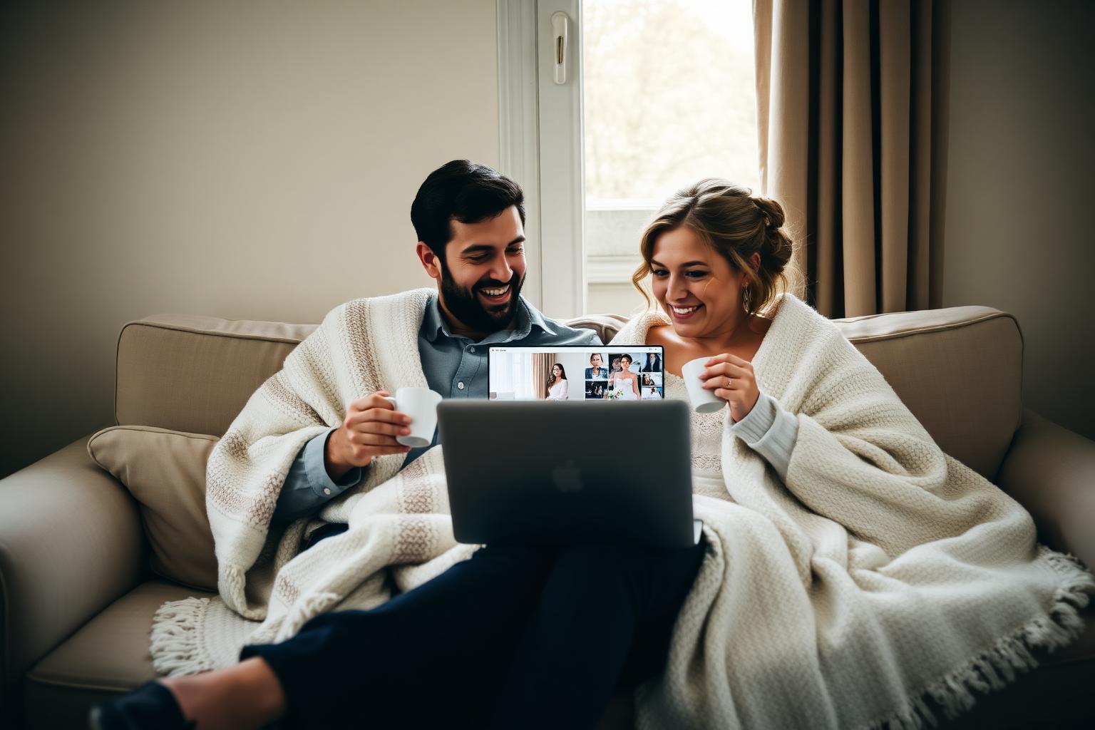 A couple wrapped in a blanket on a sofa, smiling at wedding photos on a laptop the morning after