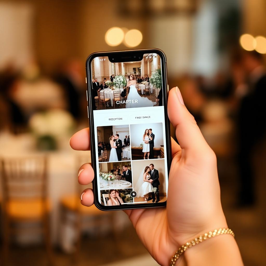 A hand holding a phone showing a curated wedding photo album organised by chapter