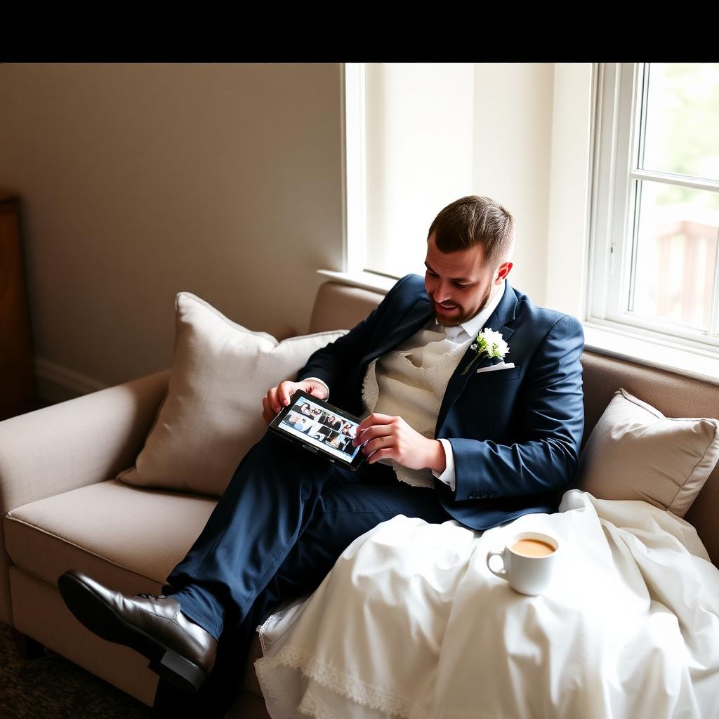 A groom relaxing on a sofa scrolling through wedding photos on a tablet the morning after
