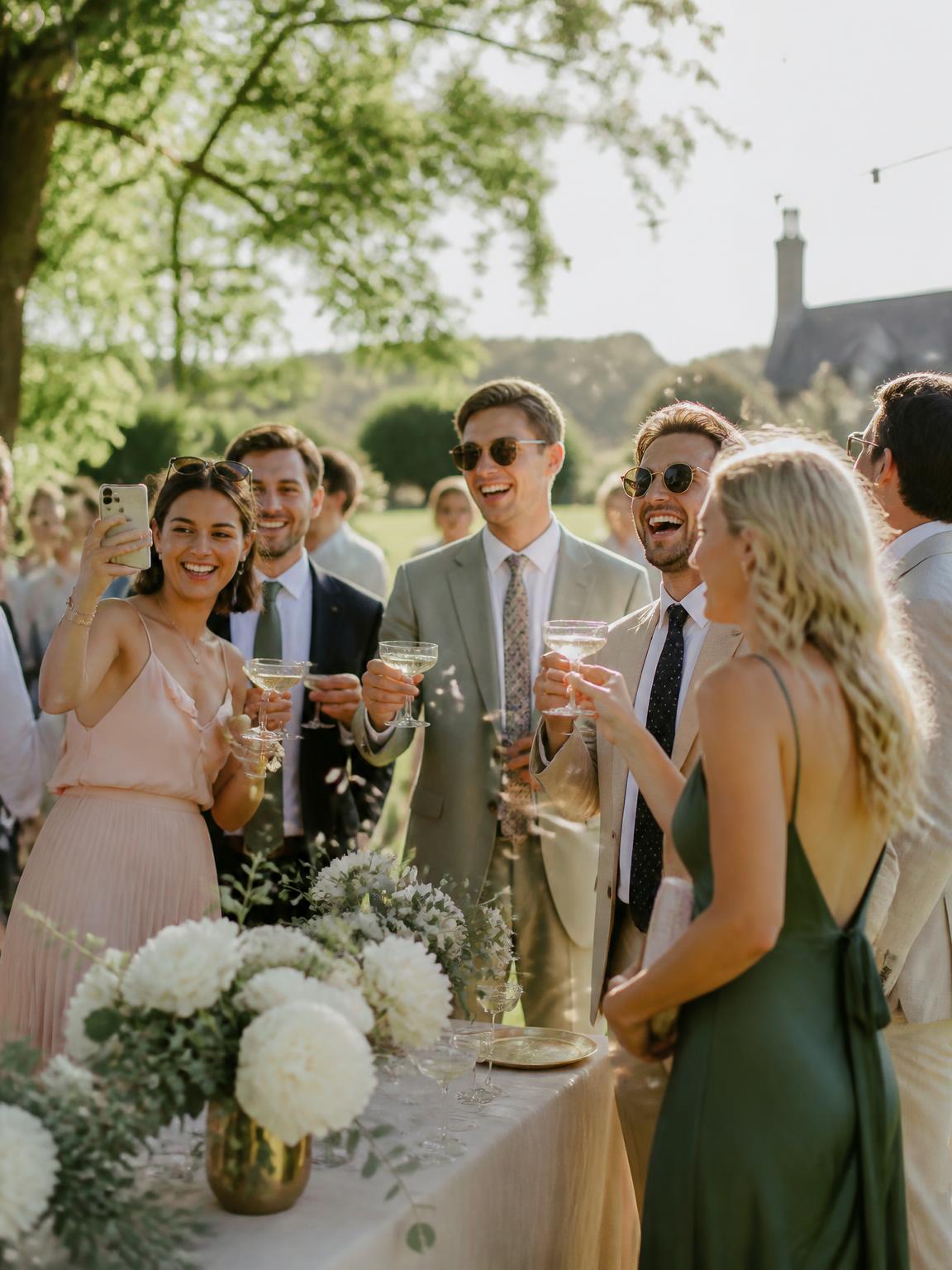 Wedding guests laughing and toasting in the summer sunshine while one captures the moment on her phone
