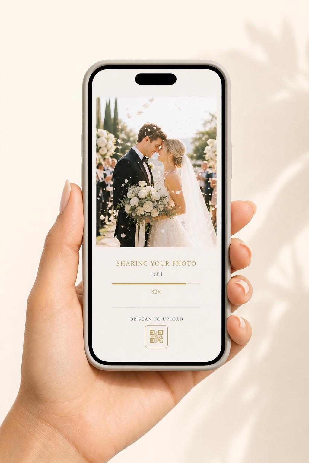 A guest uploading a photo to the wedding feed through their phone