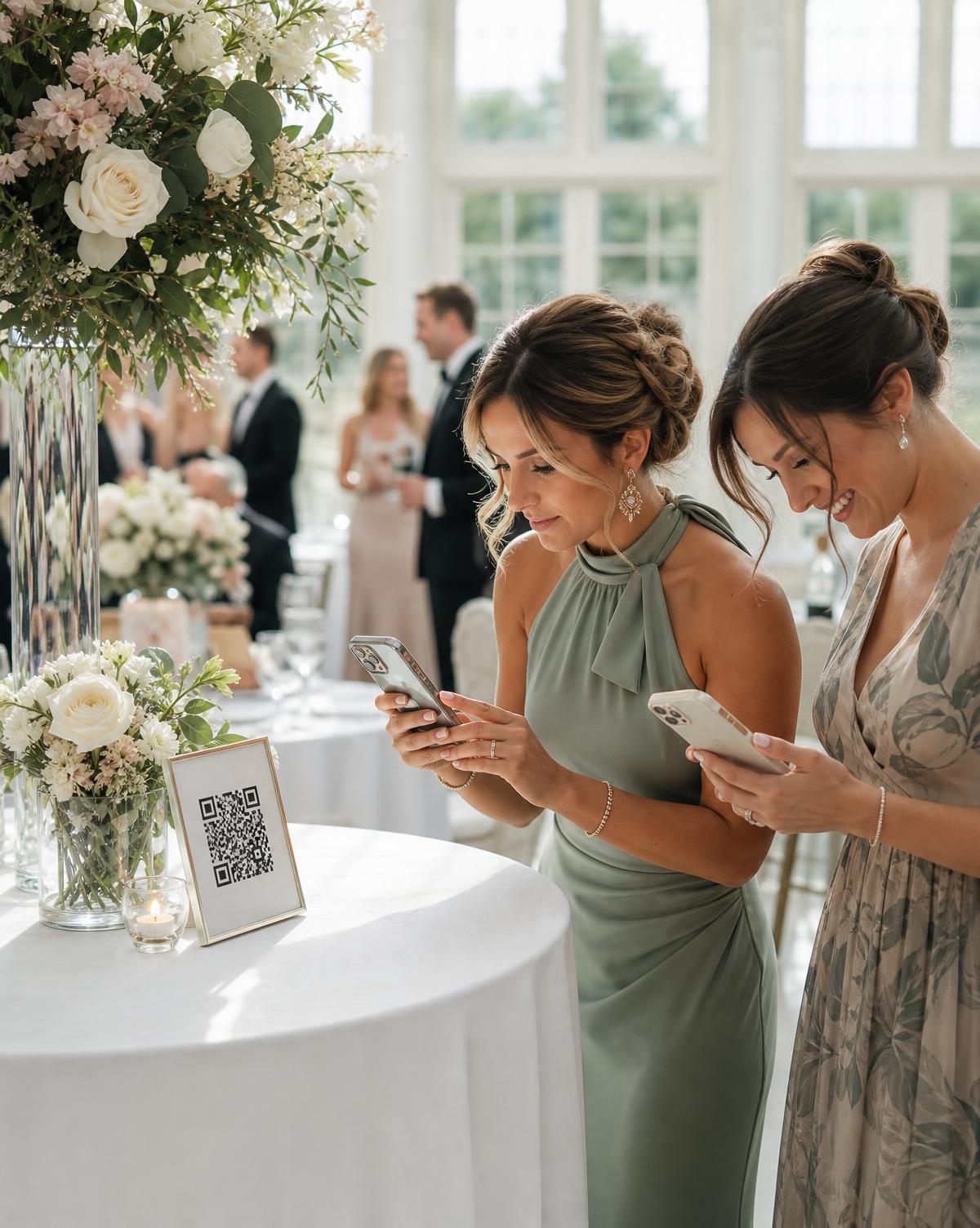 Wedding guests scanning a QR code and choosing photos to share at a bright reception