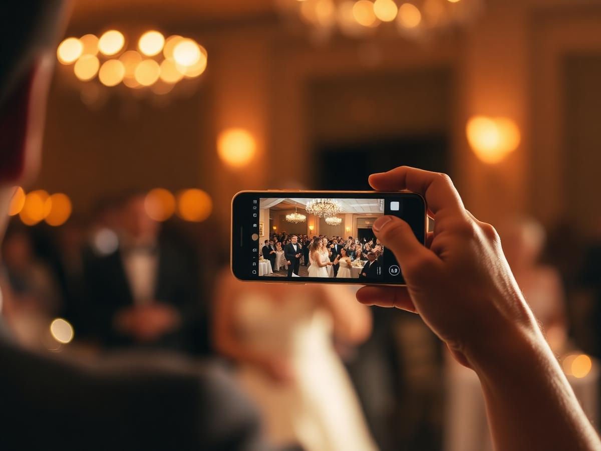 A wedding guest photographing the first dance on their phone