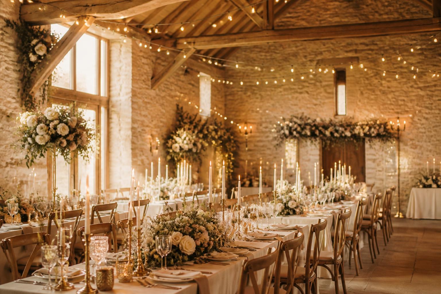 A converted stone barn near Bruton, Somerset, set with long banquet tables, candles and festoon lights