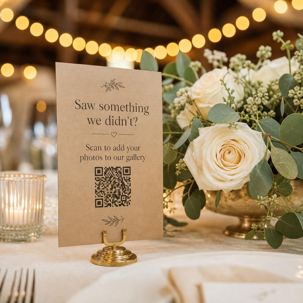 The kraft QR card that stood on every table at Sam and Jess's wedding, reading 'Saw something we didn't? Scan to add your photos to our gallery'