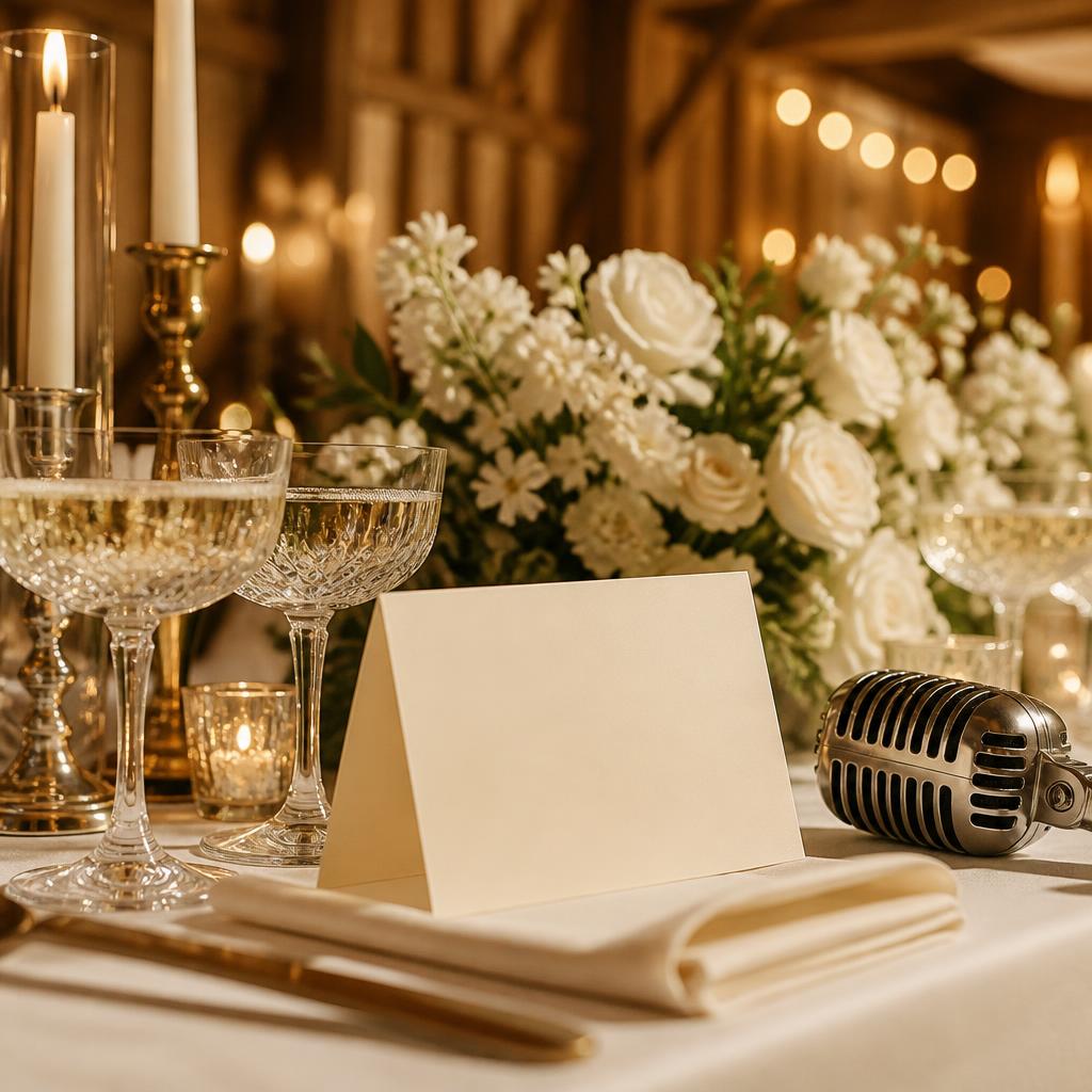 The top table at Sam and Jess's wedding minutes before the speeches: champagne coupes, candlelight and the microphone waiting