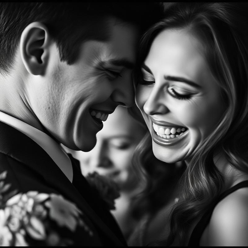A young couple laughing together on their wedding day
