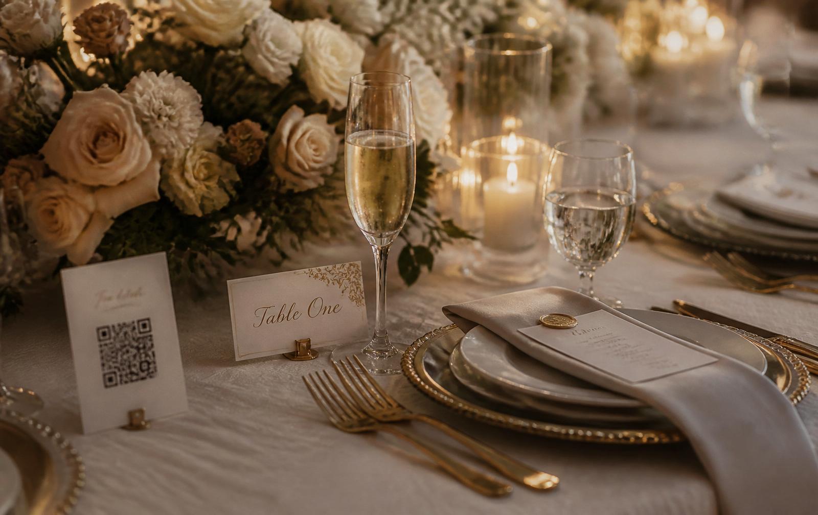 An iPhone next to a printed ivory place card with a small gold-framed QR code, resting on marble with eucalyptus