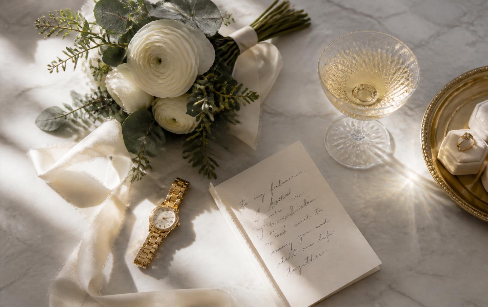 A smartphone showing a soft wedding gallery grid on a stack of ivory wedding programs tied with gold ribbon beside a lit candle